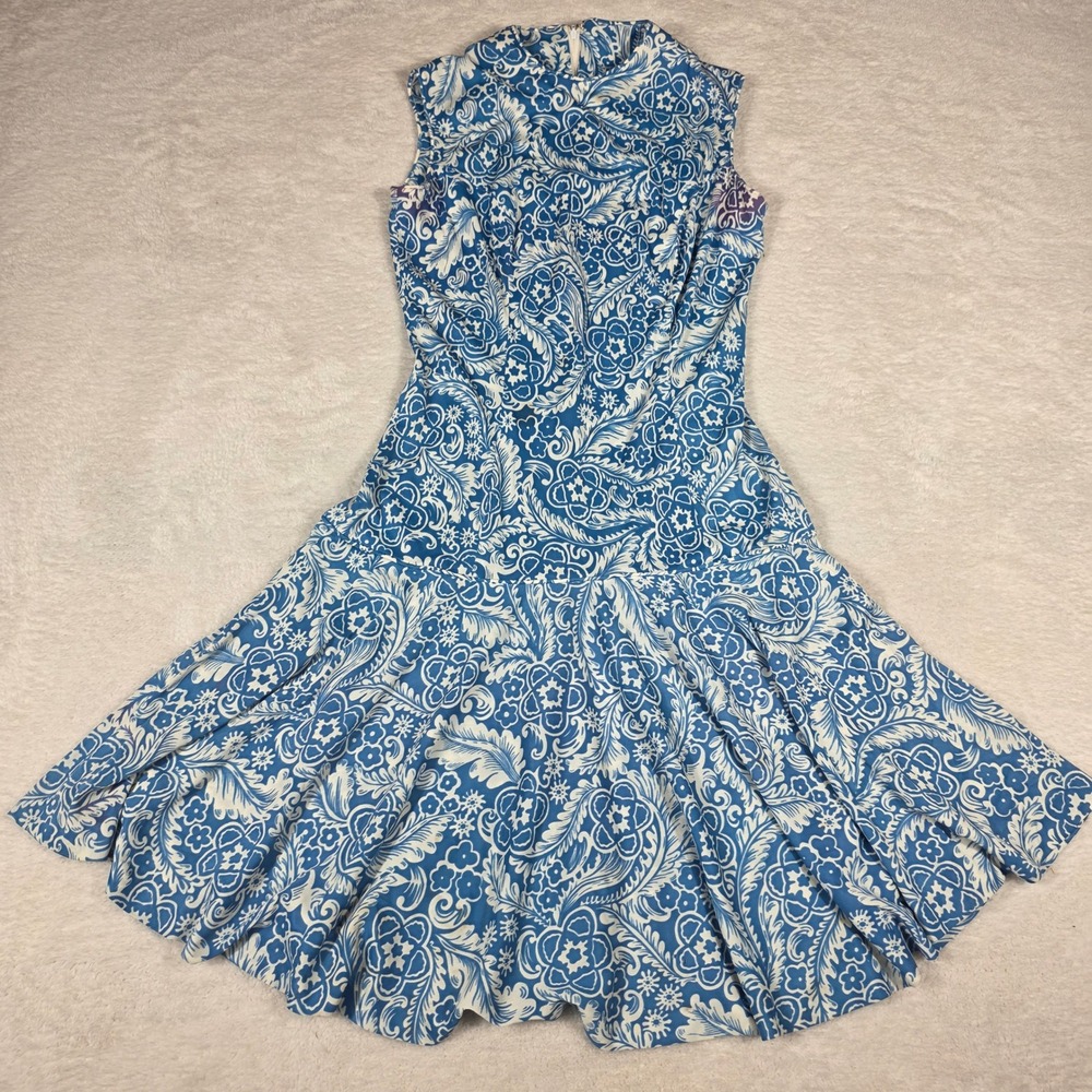 Vintage Blue White Floral Paisley Fit Flare Dress Womens XS S Blue Fair Retro